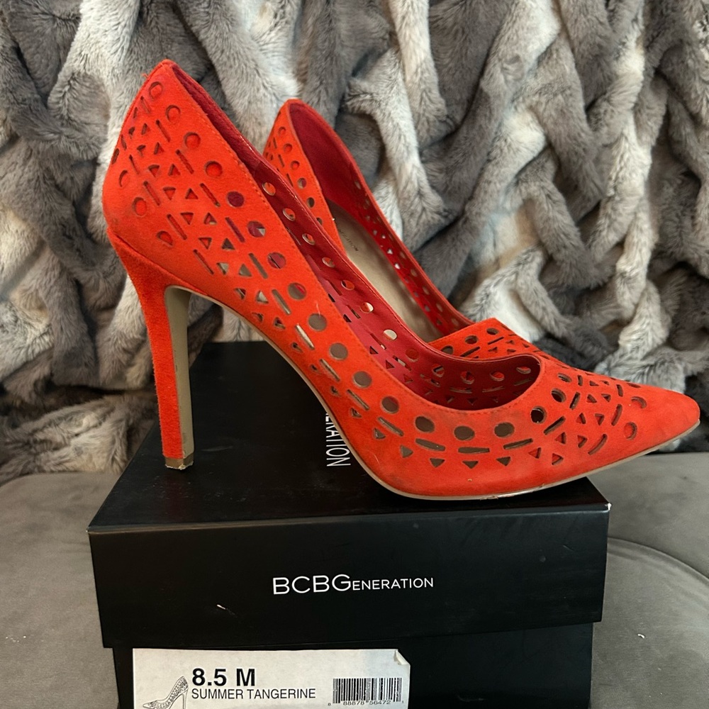 BCBGeneration Summer Tangerine Laser-Cut Suede Pointed Toe Heels